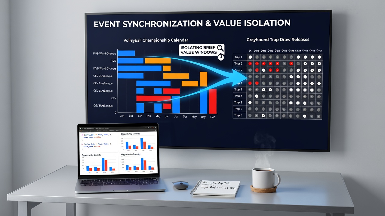 Greyhound trap draw release interface synchronized with volleyball event calendar and loyalty milestone progress bars