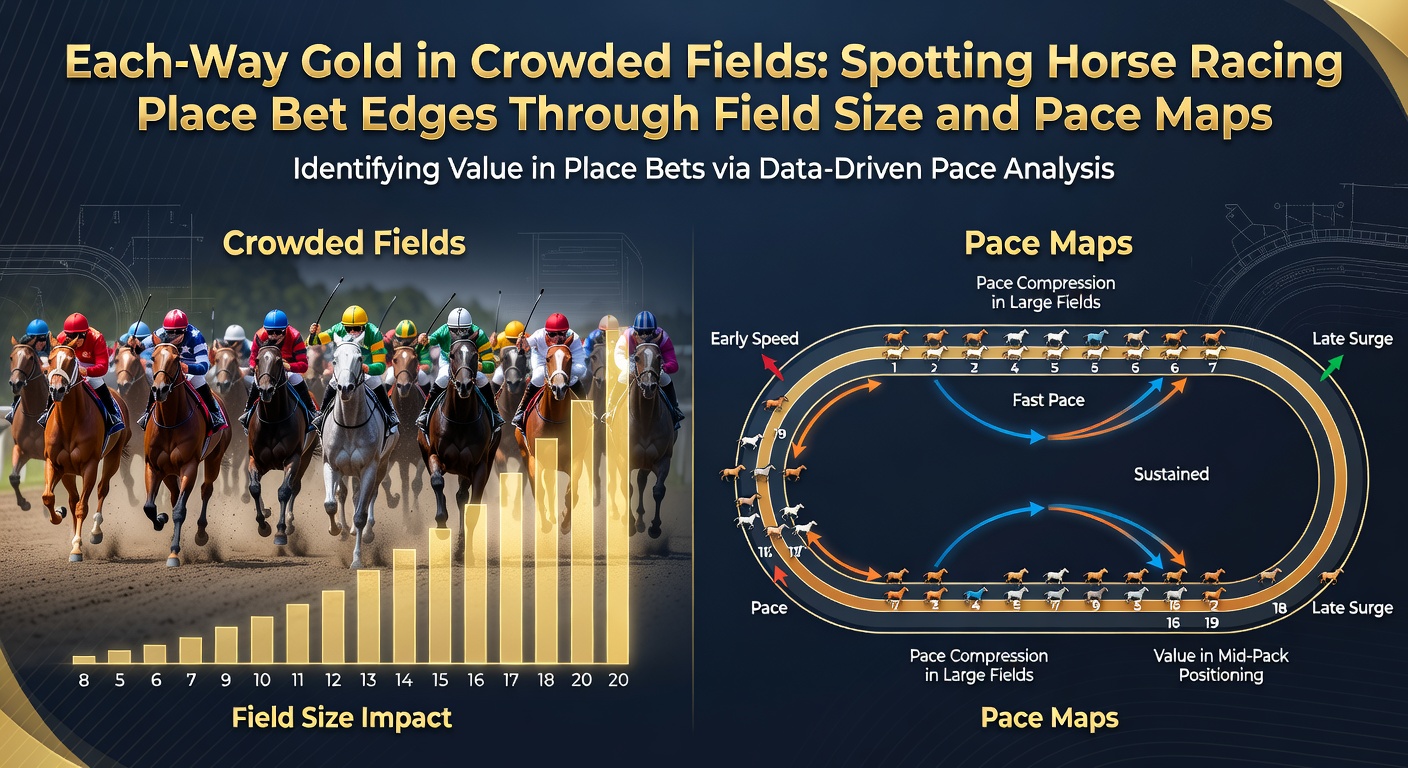 Überfülltes Starterfeld bei einem großen Pferderennen mit Pace-Map-Überlagerung, die Front-Runner und Closers hervorhebt