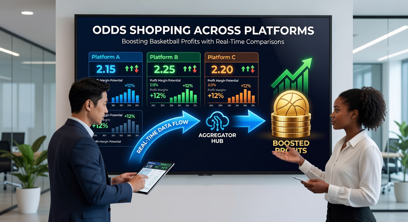 Grafik mit Balkendiagrammen, die Quotenunterschiede für Point Spreads in einem Basketballspiel auf fünf Plattformen visualisiert und den potenziellen Profit durch Shopping zeigt